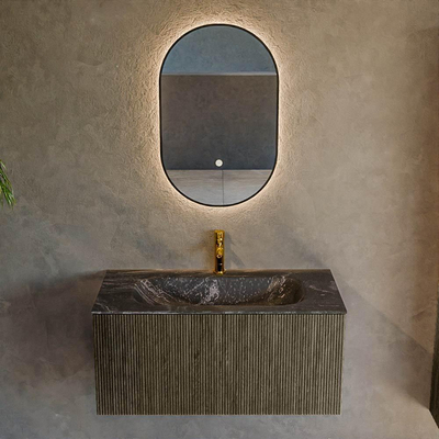 Mondiaz KURVE-DLUX Ensemble de meuble salle de bain - 90x46x40cm - 1 tiroir - lavabo en solid surface - milieu - 1 trou de robinet - Shadow