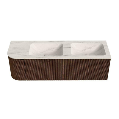 MONDIAZ KURVE-DLUX Meuble de salle de bains 145cm arrondi à gauche couleur Walnut avec 1 tiroir et 1 porte. Lavabo LEAF Double / à droite 2 trous de robinet Meli.