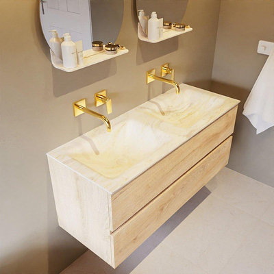 Mondiaz VICA-DLUX ensemble de meuble de salle de bain - 120cm - meuble sous-vasque chêne blanchi - 2 tiroirs - lavabo encastré cloud double - sans trous de robinet - miroir modèle spot - version XL 60cm de haut - ostra