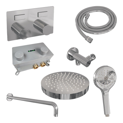 BRAUER Stripe Mitigeur thermostatique de douche pluie encastré - boutons-poussoirs - SET 29 - pomme de douche 25cm - bras mural courbé - douchette 3 jets - flexible de douche - coude de raccordement mural - chrome