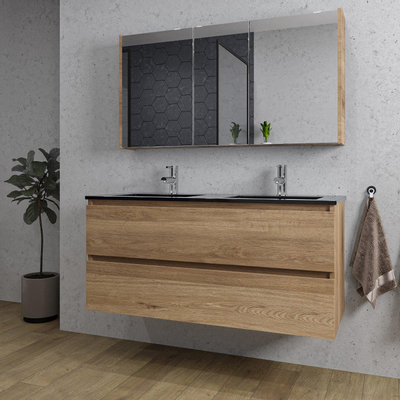 Adema Chaci Ensemble de meuble - 120x46x57cm - 2 vasques en céramique noire - 2 trous de robinet - 2 tiroirs - armoire de toilette - cannelle
