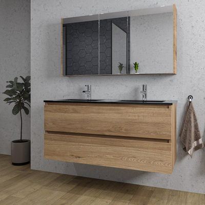Saniclass Chaci Ensemble meuble de salle de bains - 120x46x55cm - lavabo céramique noir - 2 vasques - 2 trous de robinet - 2 tiroirs - armoire de toilette - chêne
