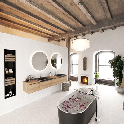 MONDIAZ BUKLA 200cm ensemble de meuble avec module 40 à droite couleur Chêne blanchi avec 4 tiroirs. Lavabo CLOUD double 2 trous de robinet couleur Urbaine.