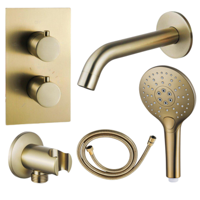 FugaFlow Eccelente Acces Badkraan set - uitloop - 22cm inkortbaar - metalen slang - ronde handdouche - inbouwdeel - wandhouder - geborsteld messing