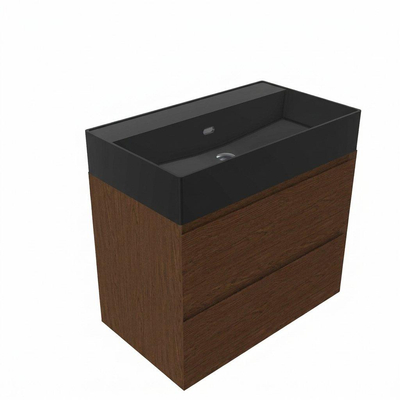 Saniclass Holz Pure Badkamermeubelset - 80x45x72cm - Legend keramische wastafel mat zwart - 1 wasbak - zonder kraangat - 2 lades - mat walnut pure (hout)
