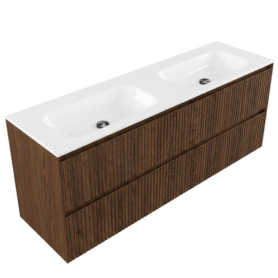 Saniclass Holz Atelier Ensemble meuble de salle de bains - 160x45x61.5cm - lavabo Flow en solid surface blanc - 2 vasques - 2 trous de robinetterie - 4 tiroirs - noyer pure mat (bois)