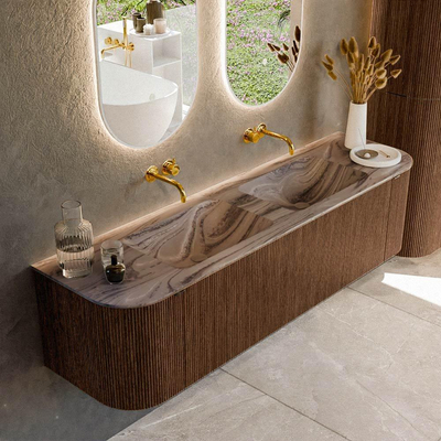 MONDIAZ KURVE-DLUX Meuble de salle de bains 170cm arrondi gauche + droite couleur Walnut avec 1 tiroir et 2 portes. Lavabo LEAF double sans trou de robinet Sombra.