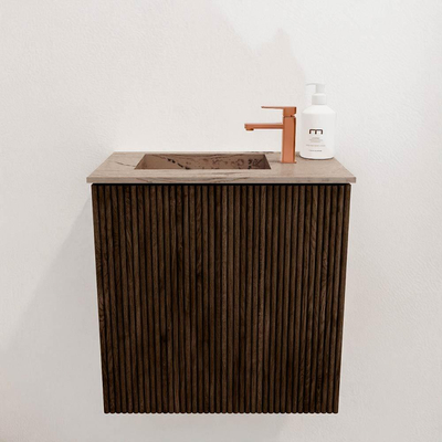Mondiaz JOYA-DLUX 40cm toiletmeubel - kleur Walnut - Wastafel FAYE positie Links 1 kraangat kleur Arena.
