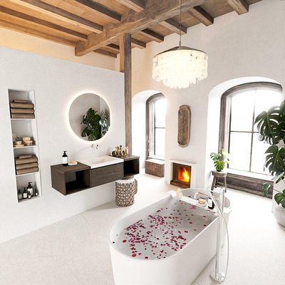 MONDIAZ BUKLA meuble de salle de bains 140 cm avec module ouvert 40 G+D couleur Dark Brown avec 2 tiroirs. Lavabo CLOUD central 0 trous de robinet couleur Talc.