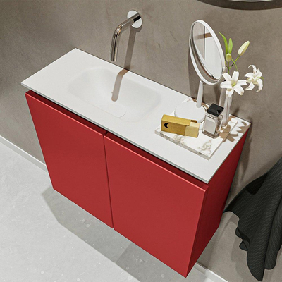 MONDIAZ TURE Toiletmeubel 60x23x50cm met 0 kraangaten 2 deuren fire mat Wastafel Eden links Solid Surface Wit