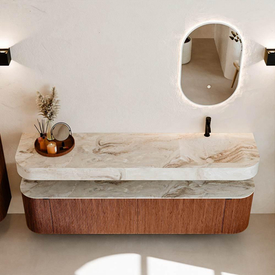 MONDIAZ THOR-DLUX Meuble de salle de bains - 190cm - arrondi gauche + droite - couleur Ruby - 2 tiroirs et 2 portes - Vasque suspendue CLOUD Droite 1 trou de robinet couleur Frappe