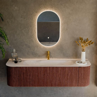 MONDIAZ KURVE-DLUX 160cm badmeubel ronding Links + Rechts kleur Ruby met 1 lade en 2 deuren. Wastafel BIG MEDIUM Midden 1 kraangat Meli.