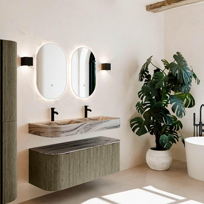 MONDIAZ THOR-DLUX Meuble de salle de bains 120cm arrondi gauche + droite couleur Shadow avec 1 tiroir et 2 portes. Vasque suspendue CLOUD Double 2 trous de robinet couleur Sombra.