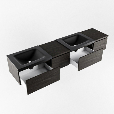 MONDIAZ BUKLA Meuble de salle de bains 200cm avec module 40 gauche couleur Dark Brown avec 4 tiroirs. Lavabo CLOUD double 0 trous de robinet couleur Urban.