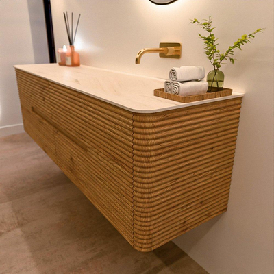 Mondiaz CIRO-DLUX Meuble de salle de bains - 170x45x50cm - Plan-vasque Solid surface Meli - 1 lavabo à droite - sans trous de robinet - 4 tiroirs - Chêne
