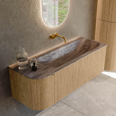 MONDIAZ KURVE-DLUX 125cm badmeubel ronding Links kleur Oak met 1 lade en 1 deur. Wastafel BIG MEDIUM Rechts zonder kraangat Oza.
