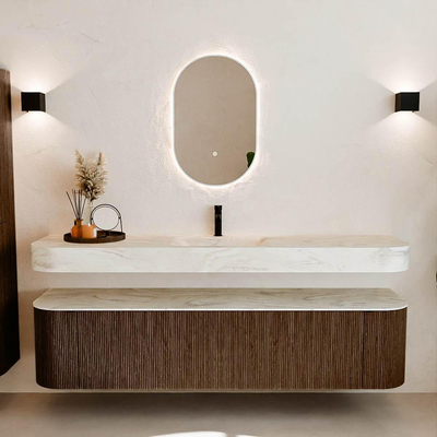 MONDIAZ THOR-DLUX 190cm badmeubel ronding links + rechts kleur Walnut met 2 lades en 2 deuren. Vrijhangende wastafel CLOUD Midden 1 kraangat kleur Ostra.