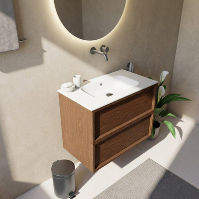 Saniclass Holz Frame Ensemble meuble de salle de bains - 80x45x61.5cm - Flow lavabo en solid surface blanc - 1 vasque - sans trou de robinetterie - 2 tiroirs - walnut pure mat (bois)