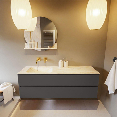 Mondiaz VICA-DLUX Ensemble de meuble de salle de bain - 150cm - meuble sous-vasque gris foncé - 2 tiroirs - lavabo encastré cloud gauche - sans trous de robinet - version haute de 60cm - ostra