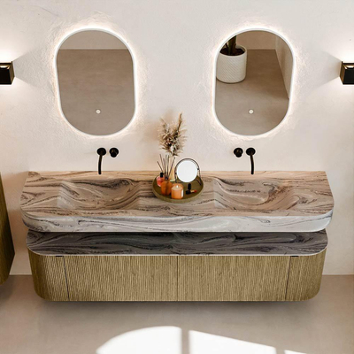 MONDIAZ THOR-DLUX 190cm meuble de salle de bains arrondi gauche + droite couleur Dusk avec 2 tiroirs et 2 portes. Vasque suspendue CLOUD Double sans trou de robinet couleur Sombra.