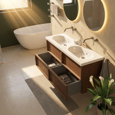 Saniclass Holz Frame Ensemble meuble de salle de bains - 140x45x63.5cm - lavabo Palermo en céramique blanc - 2 vasques - sans trous de robinetterie - 4 tiroirs - walnut pure mat (bois)