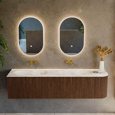 MONDIAZ KURVE-DLUX 175cm badmeubel met module 25 R kleur Walnut met 2 lades en 1 deur. Wastafel STOR SMALL dubbel / links zonder kraangat kleur Frappe.