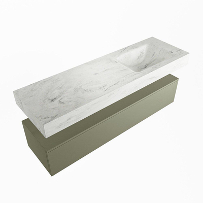 Mondiaz ALAN-DLUX Ensemble de meuble - 150cm - meuble Army mat - 1 tiroir - Lavabo Cloud Opalo suspendu - vasque Droite - 1 trou de robinet