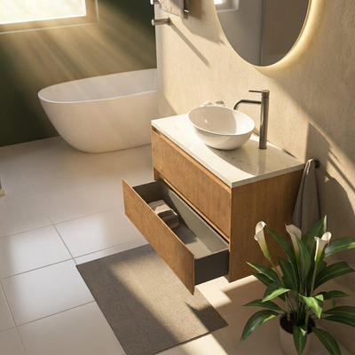 Saniclass Holz Atelier Ensemble meuble de salle de bains - 100x45x63cm - Plan vasque en marbre Dia poli (blanc) - 1 trou de robinet - 2 tiroirs - chêne natural mat (bois)