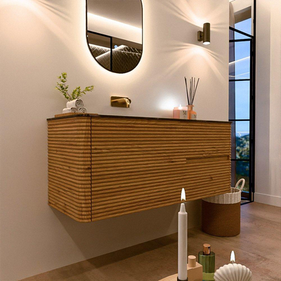 Mondiaz CIRO-DLUX Meuble de salle de bains - 120x45x50cm - lavabo solid surface Lava - 1 vasque à gauche - sans trous de robinet - 2 tiroirs - Chêne