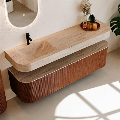 MONDIAZ THOR-DLUX 170cm meuble de salle de bains arrondi gauche + droite couleur Ruby avec 1 tiroir et 2 portes. Vasque suspendue CLOUD Gauche 1 trou de robinet couleur Saba.