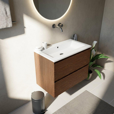 Saniclass Holz Pure Badkamermeubelset - 80x45x77.5cm - Torino solid surface wastafel wit - zonder kraangat - 2 lades - mat walnut pure (hout)