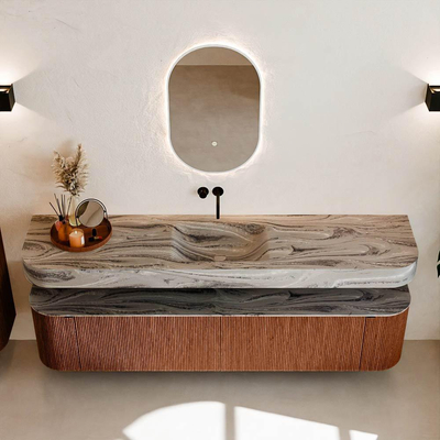 MONDIAZ THOR-DLUX 200cm meuble de salle de bains arrondi gauche + droite couleur Ruby avec 2 tiroirs et 2 portes. Vasque suspendue CLOUD Milieu sans trou de robinet couleur Sombra.