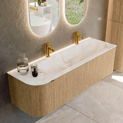 MONDIAZ KURVE-DLUX 145cm meuble de salle de bains avec module 25 L couleur Oak avec 1 tiroir et 1 porte. Lavabo BIG LARGE à droite 2 trous de robinet couleur Frappe.