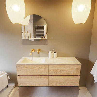 Mondiaz VICA-DLUX ensemble de meuble de salle de bain - 130cm - meuble sous-vasque chêne blanchi - 4 tiroirs - lavabo encastré cloud gauche - sans trous de robinet - miroir modèle spot - version XL 60cm de haut - ostra