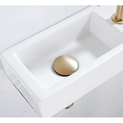 QeramiQ Lave-mains Kit lave-mains - 37.5x18.5x9cm - céramique - trou de robinet à droite - robinet lave-mains en laiton brossé - bonde de vidage - siphon abaissé - Mat blanc