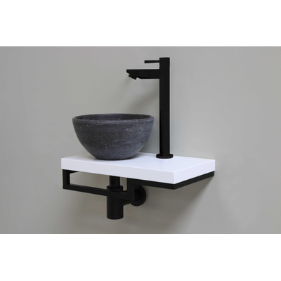 Proline Pack lave-mains 40x23cm avec vasque céramique pierre de taille gauche, plan blanc et robinet, sipon et bonde noir mat