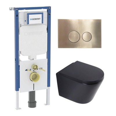 QeramiQ Dely Toiletset - 36.3x51.7cm - diepspoel - rimless - Geberit UP720 inbouwreservoir - softclose toilet zitting 35 mm - geborsteld messing bedieningsplaat - ronde knoppen - mat zwart