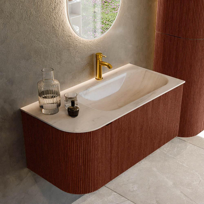 MONDIAZ KURVE-DLUX Meuble de salle de bains 95cm arrondi à gauche couleur Ruby avec 1 tiroir et 1 porte. Lavabo BIG SMALL à droite 1 trou de robinet Meli.