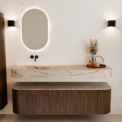 MONDIAZ THOR-DLUX 160cm badmeubel ronding links + rechts kleur Walnut met 1 lade en 2 deuren. Vrijhangende wastafel CLOUD Links zonder kraangat kleur Arena.