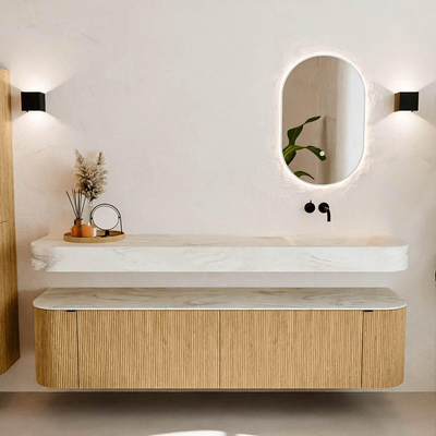 MONDIAZ THOR-DLUX Meuble de salle de bains 190cm arrondi gauche + droite couleur Oak avec 2 tiroirs et 2 portes. Vasque suspendue CLOUD Droite sans trou de robinet couleur Ostra.