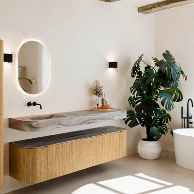 MONDIAZ THOR-DLUX 180cm meuble de salle de bains arrondi gauche + droite couleur Oak avec 2 tiroirs et 2 portes. Vasque suspendue CLOUD Gauche sans trou de robinet couleur Sombra.