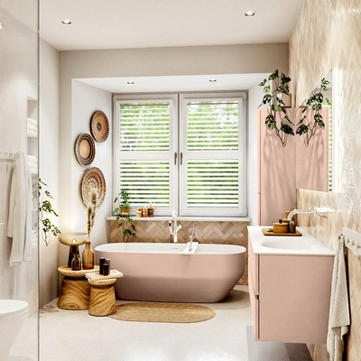 MONDIAZ VICA Ensemble meuble de salle de bains - 150cm - sous-meuble rosee - 2 tiroirs - lavabo moon à droite - sans trous de robinet - version haute 60cm - talc