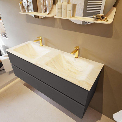 Mondiaz VICA-DLUX Ensemble de meuble de salle de bain - 130cm - meuble sous-vasque gris foncé - 2 tiroirs - lavabo encastré cloud double - 2 trous de robinet - version haute de 60cm - ostra