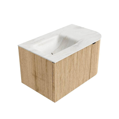 MONDIAZ KURVE-DLUX Meuble de salle de bains 75cm avec module 25 R couleur Oak avec 1 tiroir et 1 porte. Lavabo GRUNNE à gauche sans trou de robinet couleur Ostra.