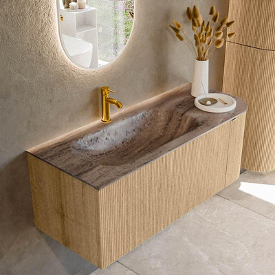 MONDIAZ KURVE-DLUX 115cm badmeubel ronding Rechts kleur Oak met 1 lade en 1 deur. Wastafel BIG SMALL Links 1 kraangat Oza.