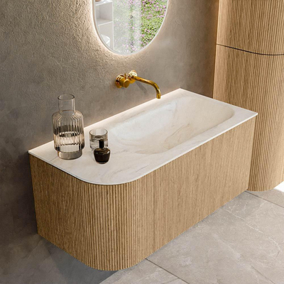 MONDIAZ KURVE-DLUX 95cm Meuble salle de bain avec module 25 G - couleur Oak - 1 tiroir - 1 porte - vasque BIG SMALL droite - sans trou de robinet - couleur Ostra