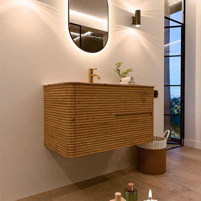 Mondiaz CIRO-DLUX Badkamermeubelset - 90x45x50cm - Solid surface wastafel Arena - 1 wasbak Midden - 1 kraangat - 2 lades - Oak