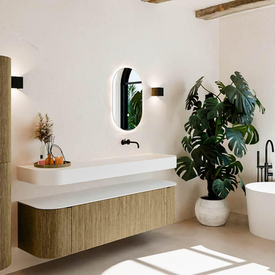 MONDIAZ THOR Meuble de salle de bains - 170cm - arrondi gauche + droite - couleur Dusk - 1 tiroir - 2 portes - Vasque suspendue CLOUD droite sans trou de robinet - couleur Talc