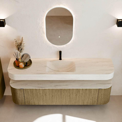 MONDIAZ THOR-DLUX 180cm meuble de salle de bains arrondi gauche + droite couleur Dusk avec 2 tiroirs et 2 portes. Vasque suspendue CLOUD Milieu 1 trou de robinet couleur Meli.