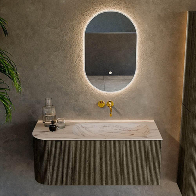MONDIAZ KURVE-DLUX Meuble de salle de bains 105cm arrondi à gauche couleur Shadow avec 1 tiroir et 1 porte. Lavabo BIG SMALL à droite sans trou de robinet Nata.